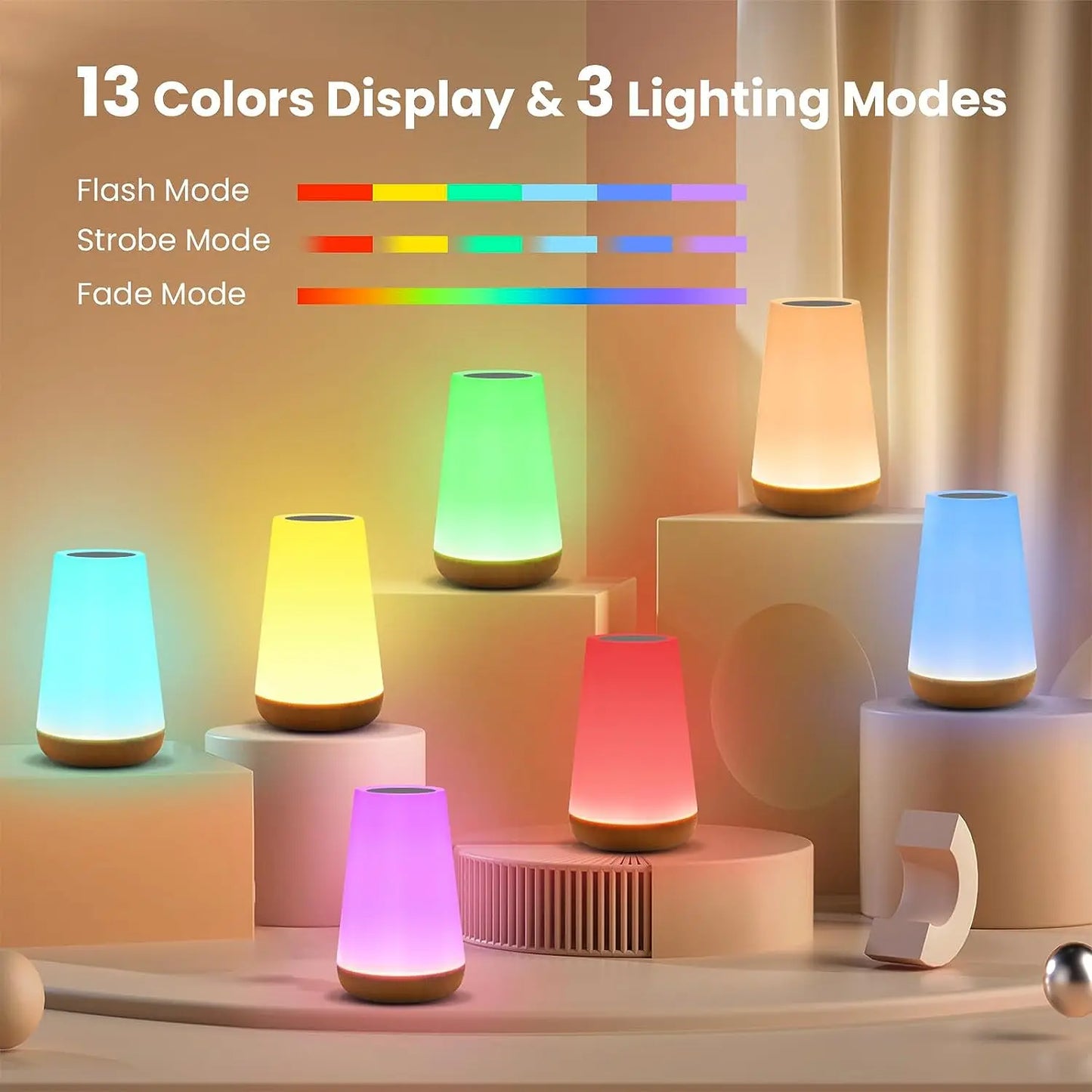 13-Color RGB Night Light – Touch & Remote Control, USB Rechargeable, Dimmable Table & Bedside Lamp