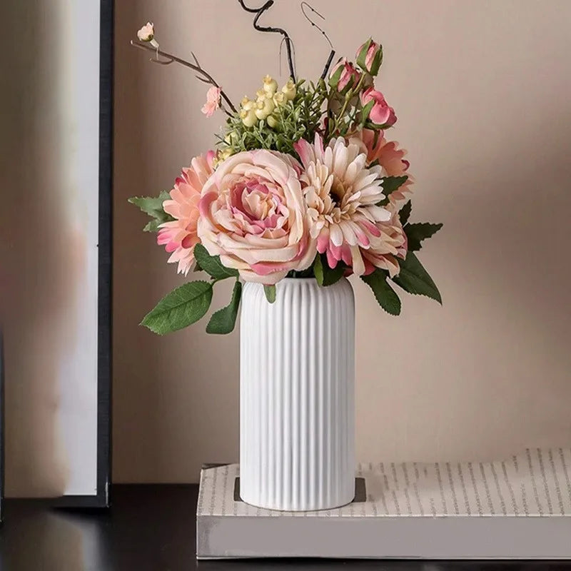 Striped Ceramic-Like Plastic Vase – Modern Home Decor Accent